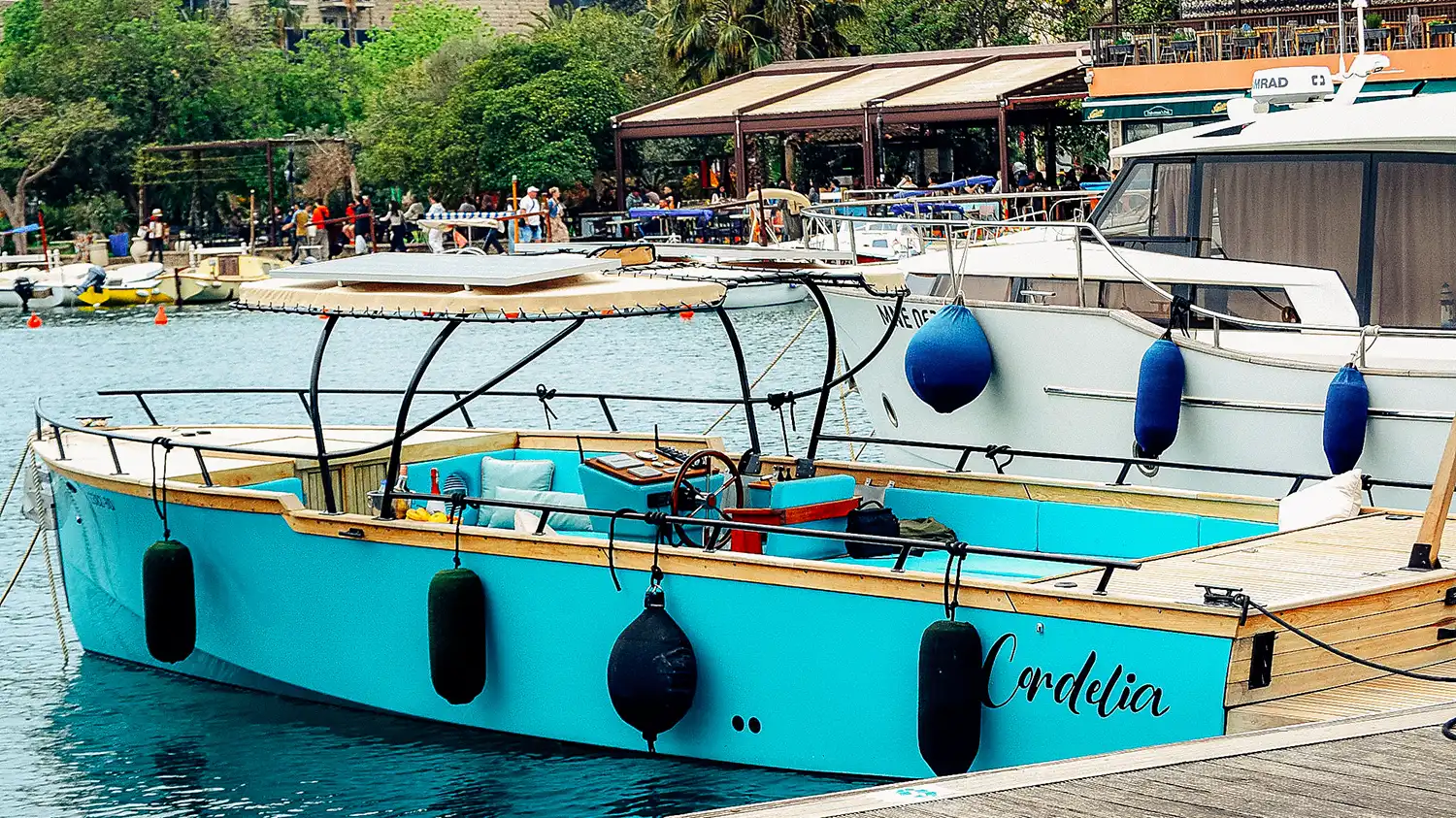 Cordelia boat moored in Budva marina