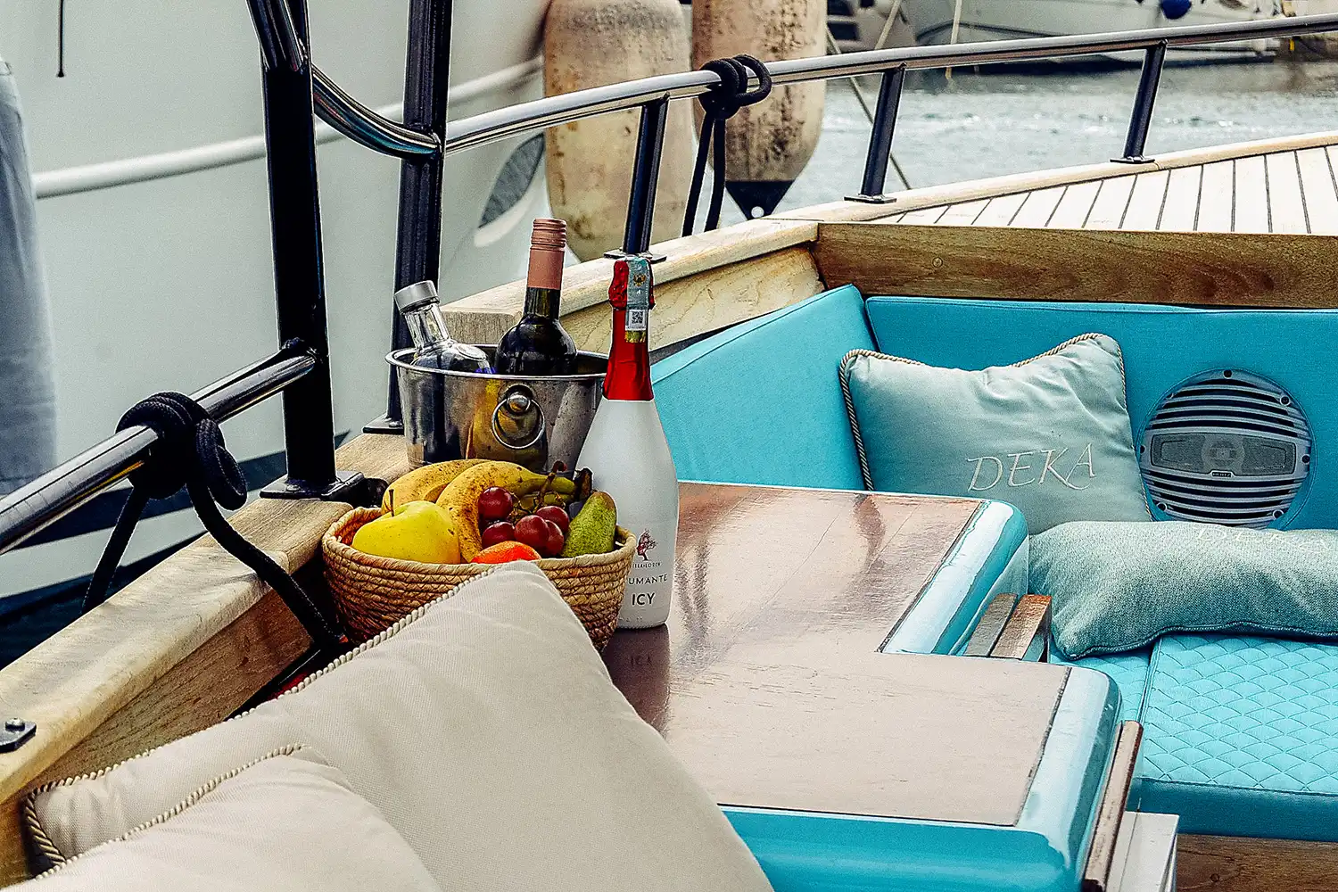 Table with fruit and drinks on Cordelia